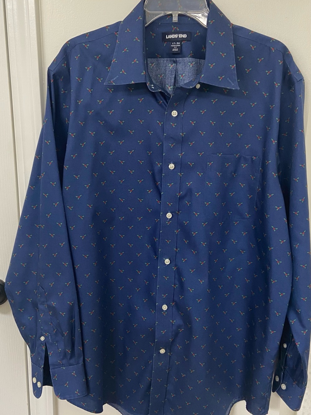 Lands' End Men's Navy Button-Down with Holly Berries Holiday